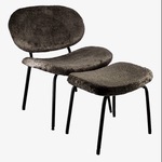 Fauteuil + hocker, zwart stof, zwarte poten